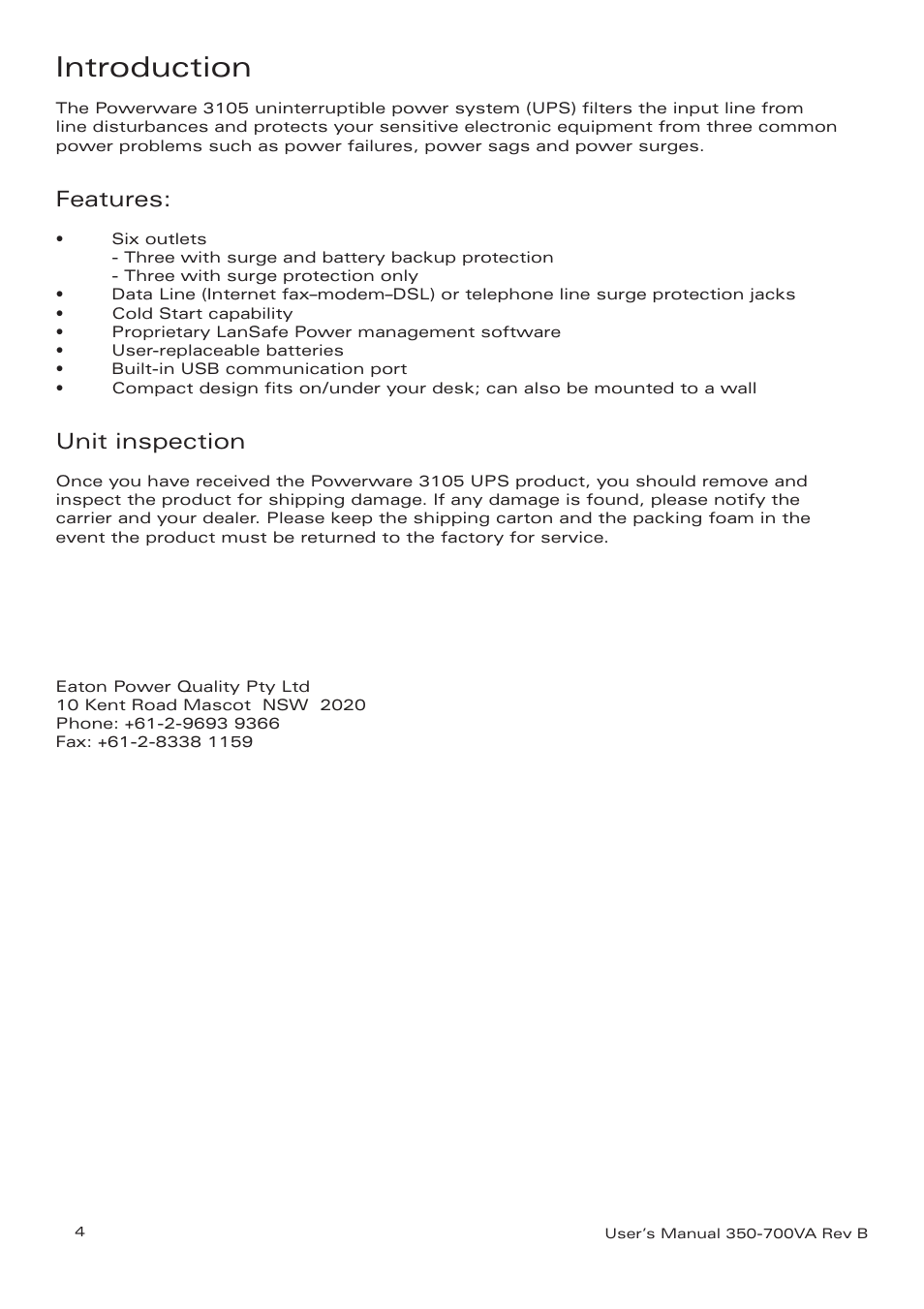 Introduction, Features, Unit inspection | Eaton Electrical Powerware 3105 UPS User Manual | Page 4 / 12