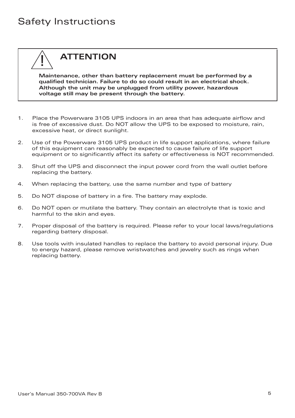 Safety instructions, Attention | Eaton Electrical Powerware 3105 UPS User Manual | Page 5 / 12