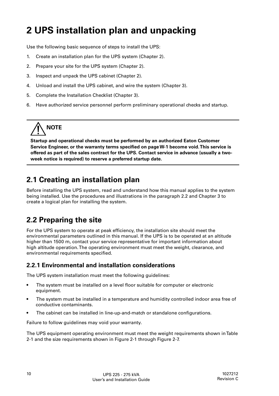 2 ups installation plan and unpacking, 1 creating an installation plan, 2 preparing the site | Eaton Electrical UPS 225275 kVA Powerware 9395 User Manual | Page 10 / 74