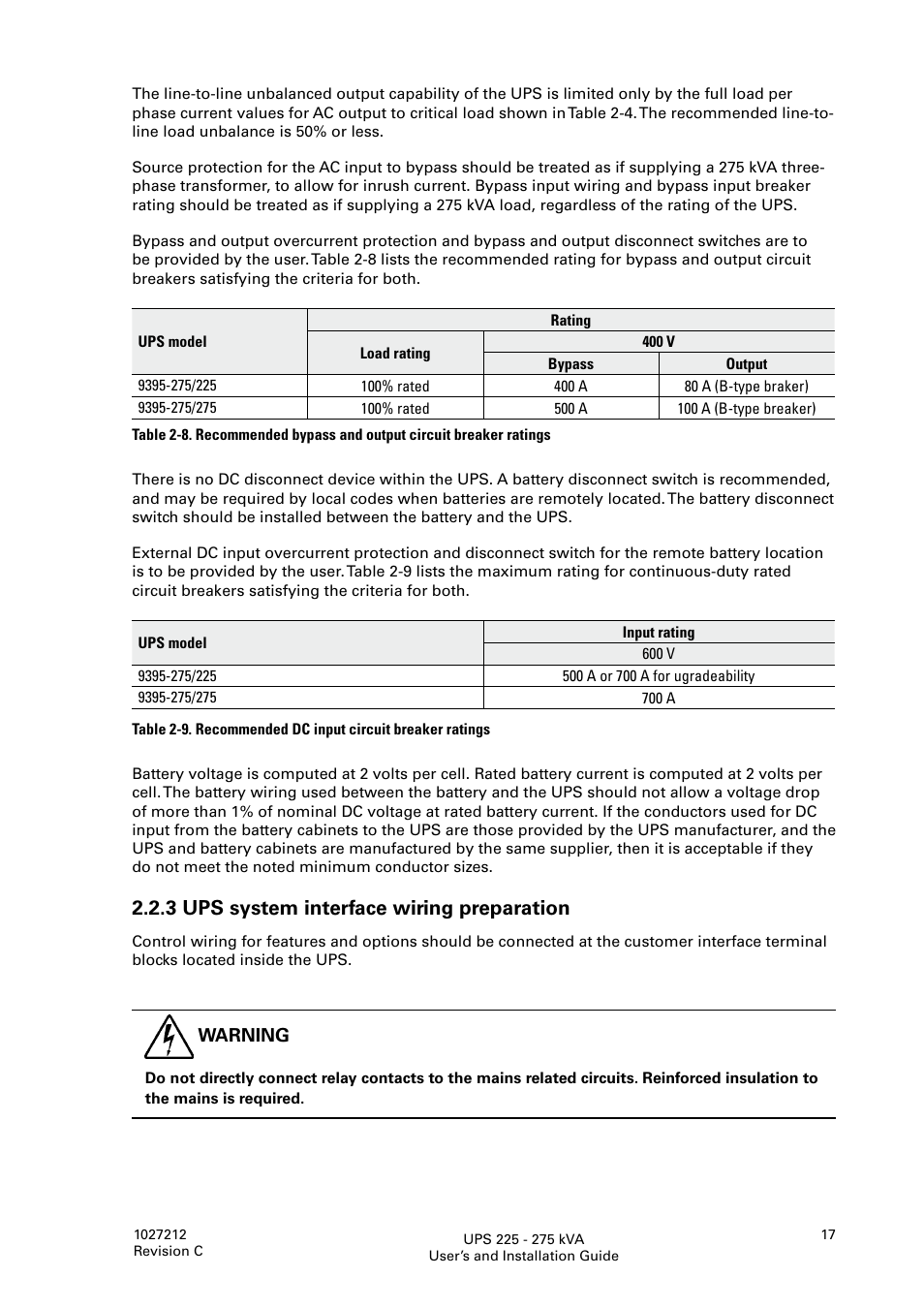 3 ups system interface wiring preparation | Eaton Electrical UPS 225275 kVA Powerware 9395 User Manual | Page 17 / 74