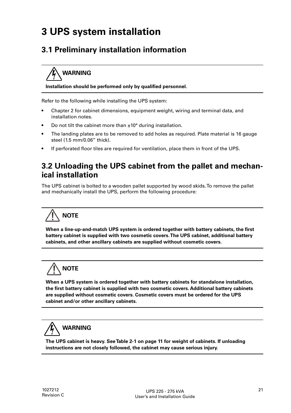 3 ups system installation, 1 preliminary installation information | Eaton Electrical UPS 225275 kVA Powerware 9395 User Manual | Page 21 / 74