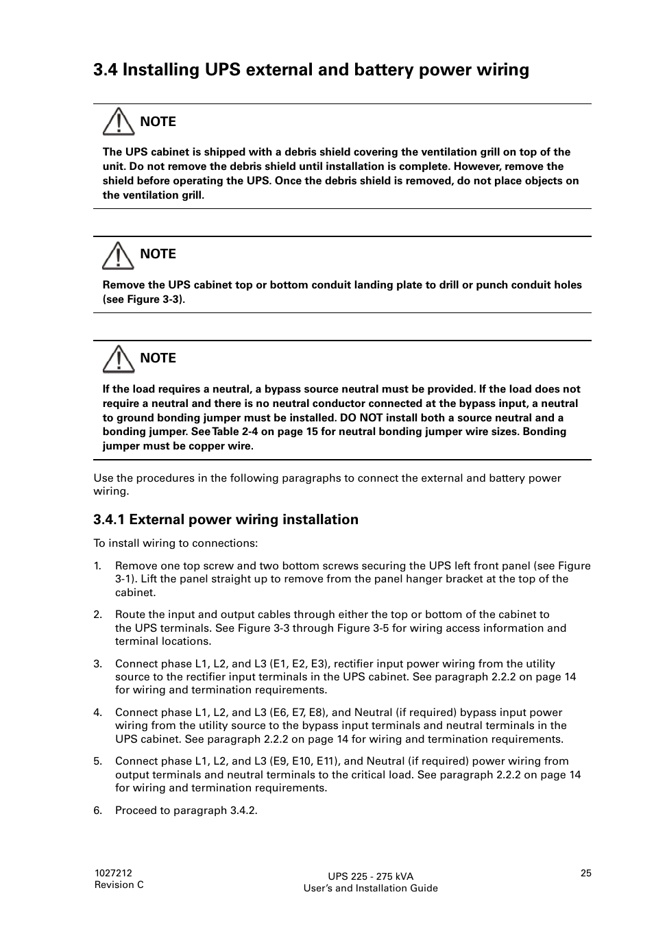 4 installing ups external and battery power wiring, 1 external power wiring installation | Eaton Electrical UPS 225275 kVA Powerware 9395 User Manual | Page 25 / 74