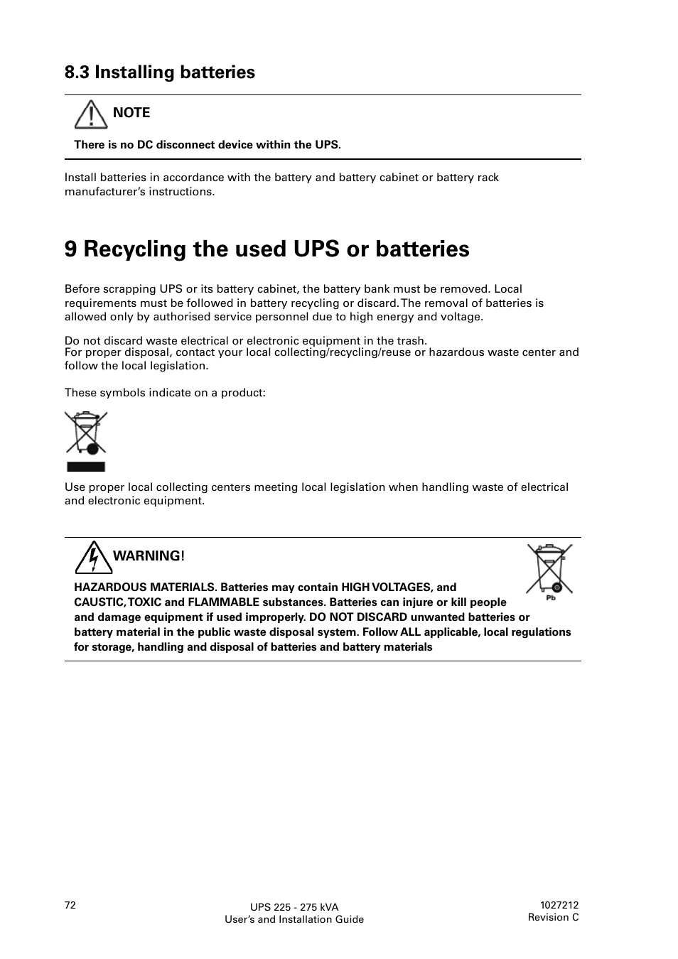 9 recycling the used ups or batteries, 3 installing batteries | Eaton Electrical UPS 225275 kVA Powerware 9395 User Manual | Page 72 / 74