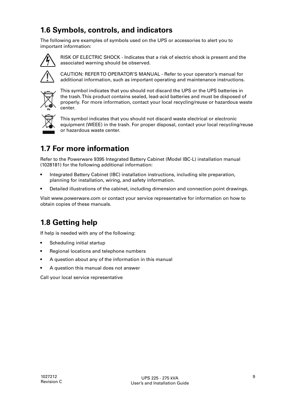 6 symbols, controls, and indicators, 7 for more information, 8 getting help | Eaton Electrical UPS 225275 kVA Powerware 9395 User Manual | Page 9 / 74