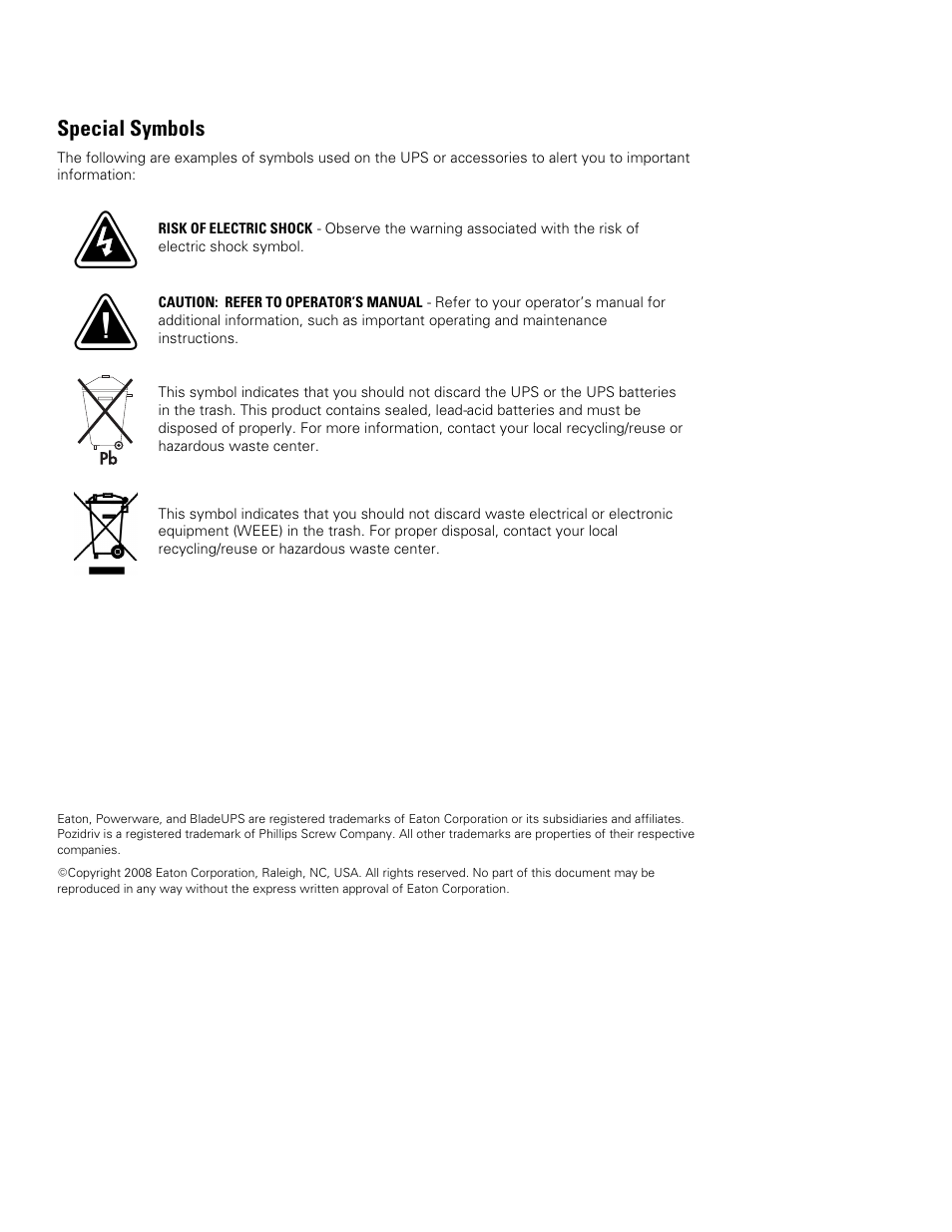 Special symbols | Eaton Electrical Powerware BladeUPS Bar User Manual | Page 2 / 28