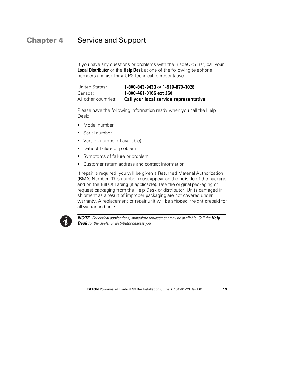 Chapter 4 service and support | Eaton Electrical Powerware BladeUPS Bar User Manual | Page 23 / 28