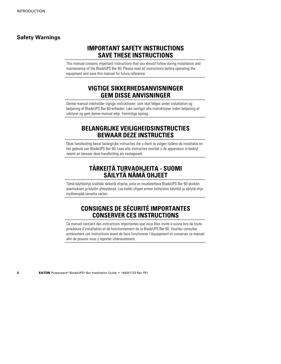 Tärkeitä turvaohjeita - suomi säilytä nämä ohjeet | Eaton Electrical Powerware BladeUPS Bar User Manual | Page 6 / 28