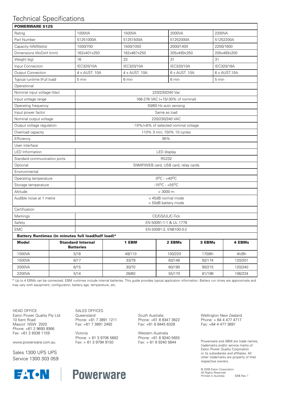 Technical spec i fi ca tions | Eaton Electrical Powerware 5125 User Manual | Page 2 / 2