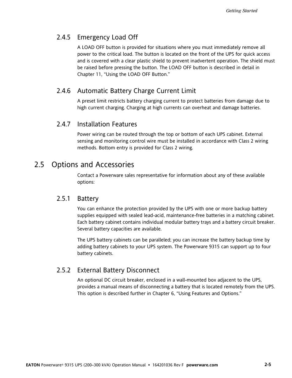 5 options and accessories, 5 emergency load off, 6 automatic battery charge current limit | 7 installation features, 1 battery, 2 external battery disconnect | Eaton Electrical Powerware 9315 User Manual | Page 13 / 84