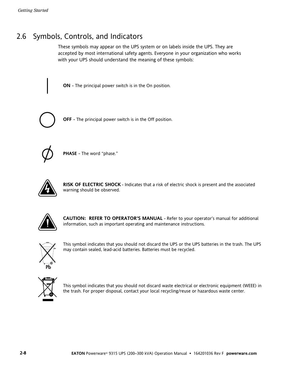 6 symbols, controls, and indicators | Eaton Electrical Powerware 9315 User Manual | Page 16 / 84