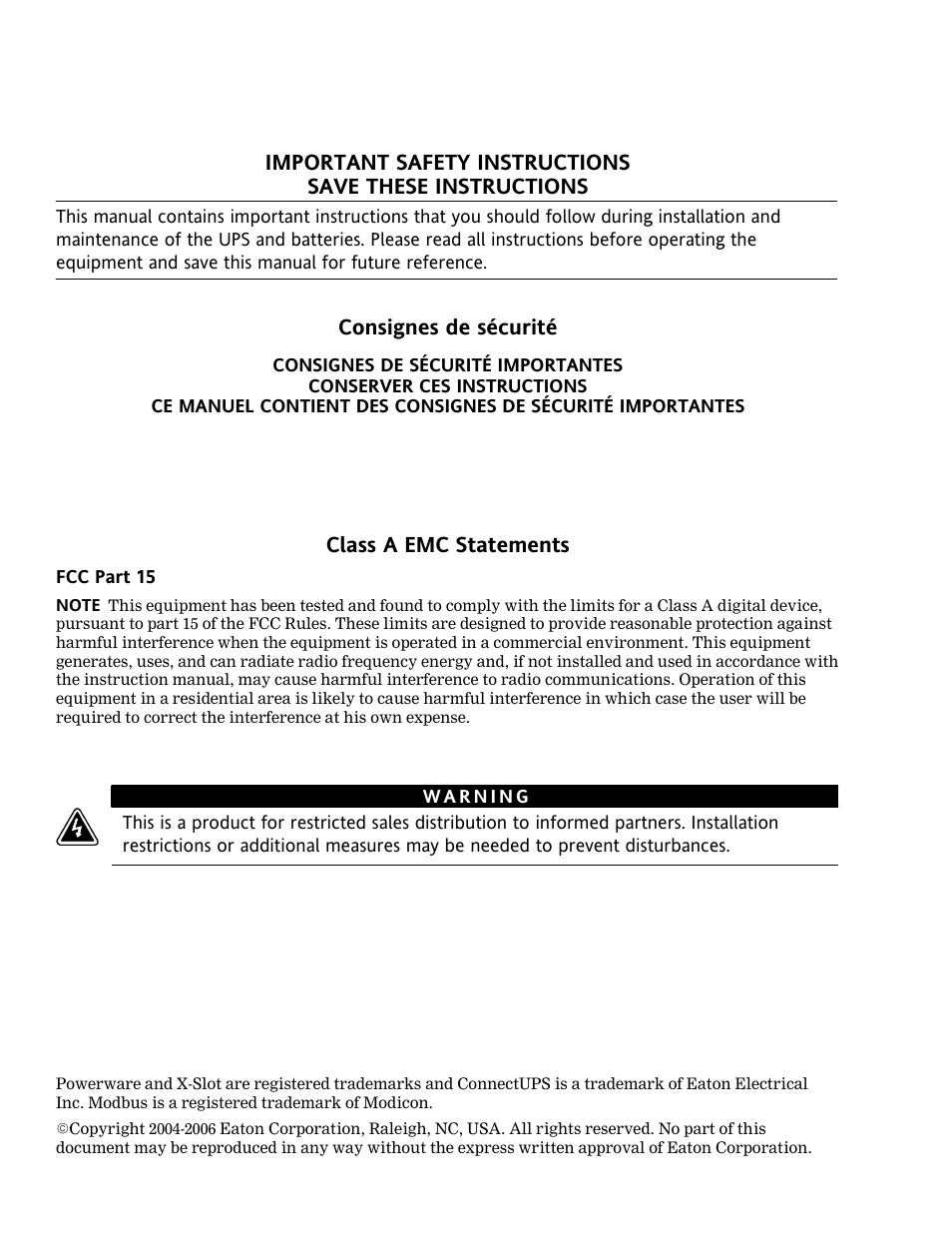 Consignes de sécurité, Class a emc statements | Eaton Electrical Powerware 9315 User Manual | Page 2 / 84