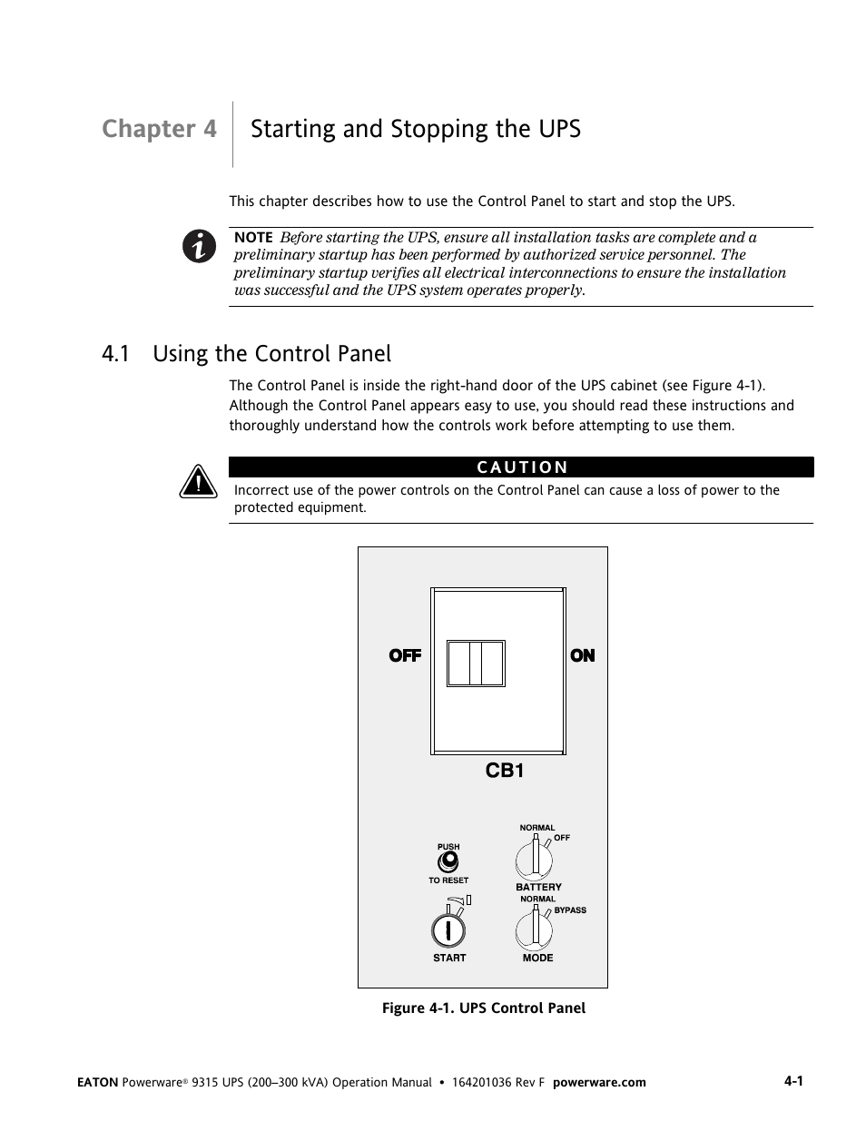 Chapter 4 starting and stopping the ups, 1 using the control panel | Eaton Electrical Powerware 9315 User Manual | Page 23 / 84