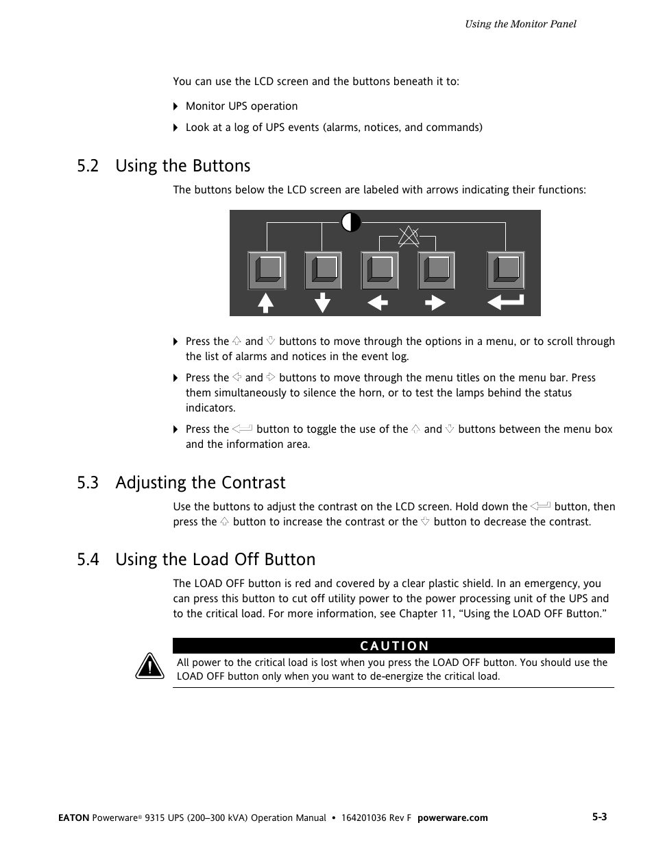 2 using the buttons, 3 adjusting the contrast, 4 using the load off button | Eaton Electrical Powerware 9315 User Manual | Page 29 / 84