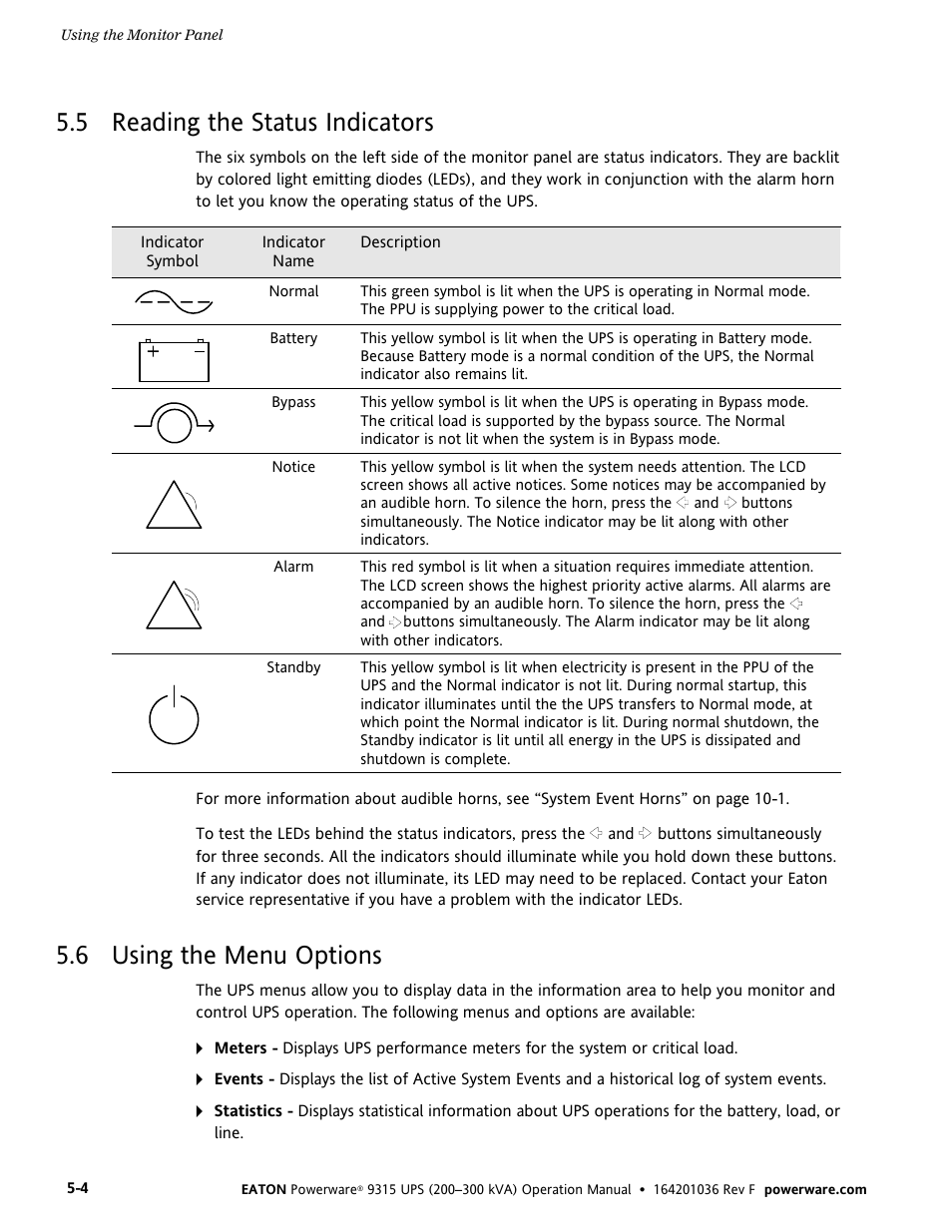 5 reading the status indicators, 6 using the menu options | Eaton Electrical Powerware 9315 User Manual | Page 30 / 84