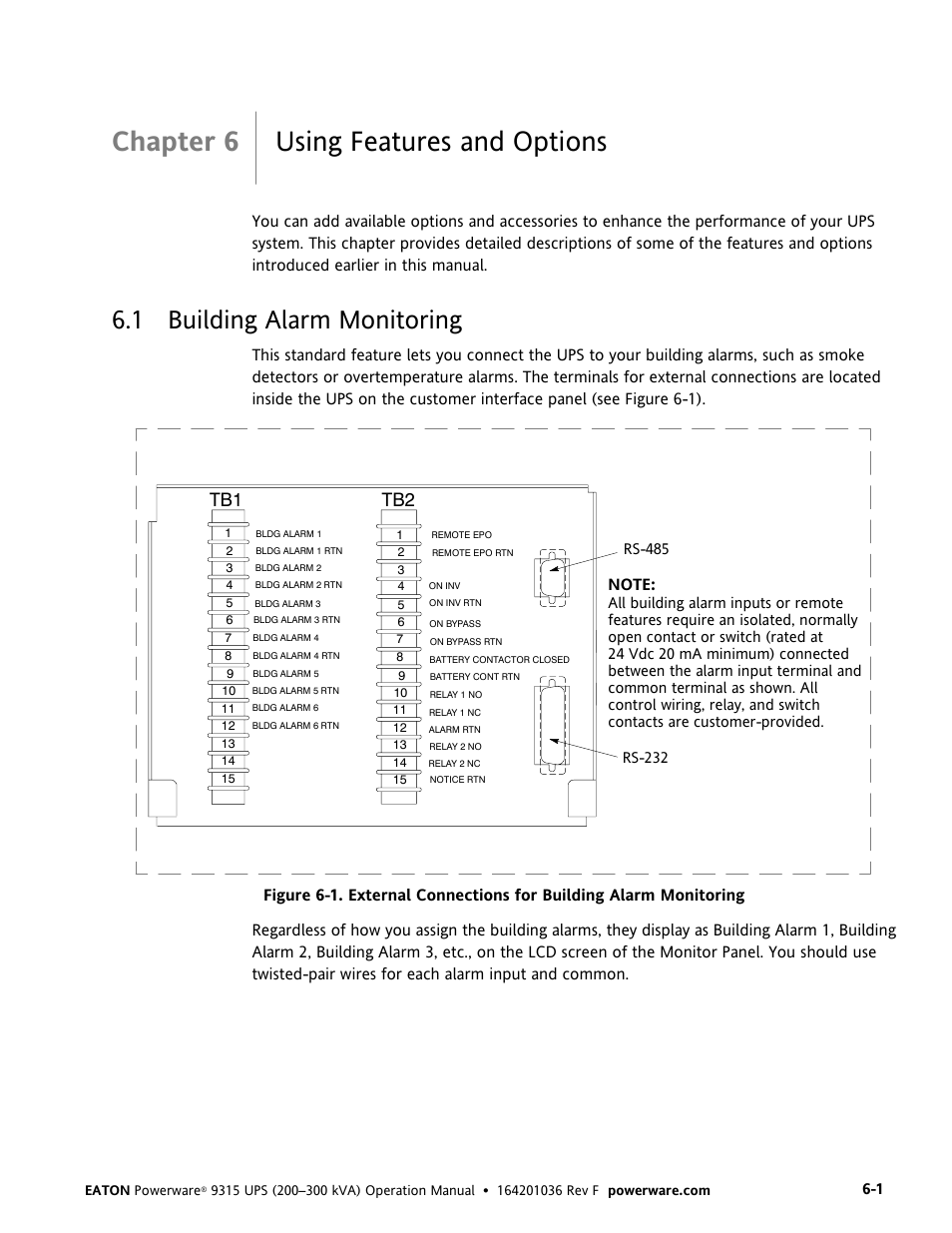 Chapter 6 using features and options, 1 building alarm monitoring | Eaton Electrical Powerware 9315 User Manual | Page 39 / 84
