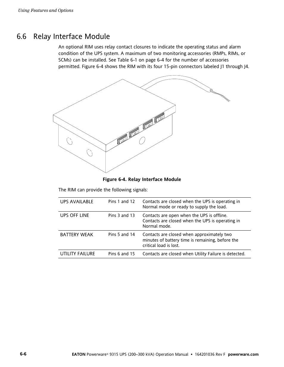 6 relay interface module | Eaton Electrical Powerware 9315 User Manual | Page 44 / 84