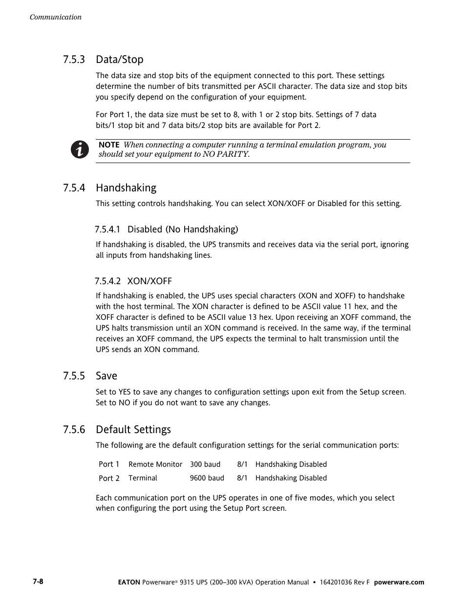 3 data/stop, 4 handshaking, 5 save | 6 default settings | Eaton Electrical Powerware 9315 User Manual | Page 54 / 84