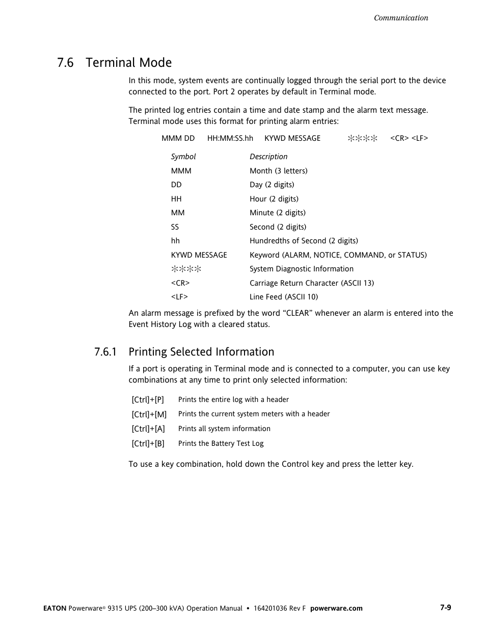 6 terminal mode, 1 printing selected information | Eaton Electrical Powerware 9315 User Manual | Page 55 / 84