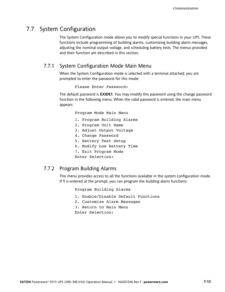 7 system configuration, 1 system configuration mode main menu, 2 program building alarms | Eaton Electrical Powerware 9315 User Manual | Page 59 / 84