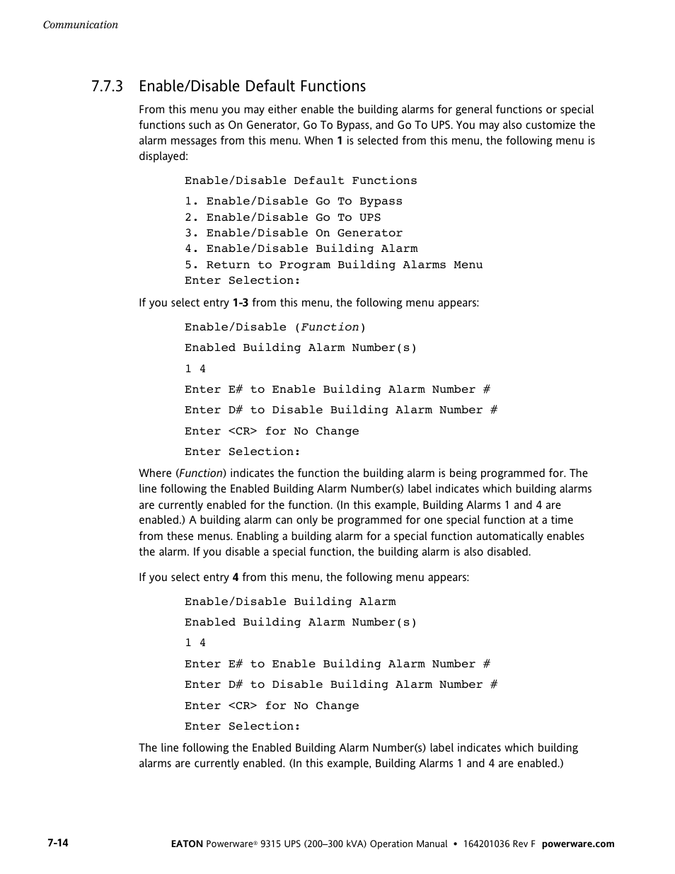 3 enable/disable default functions | Eaton Electrical Powerware 9315 User Manual | Page 60 / 84