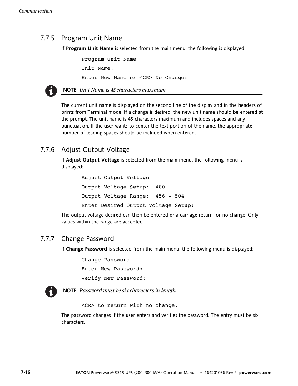 5 program unit name, 6 adjust output voltage, 7 change password | Eaton Electrical Powerware 9315 User Manual | Page 62 / 84