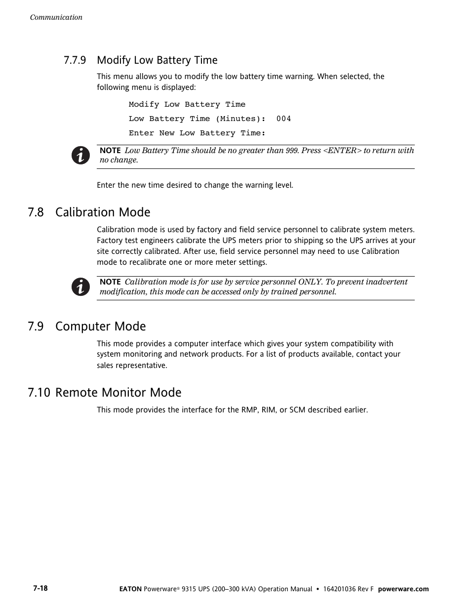 8 calibration mode, 9 computer mode, 10 remote monitor mode | 9 modify low battery time | Eaton Electrical Powerware 9315 User Manual | Page 64 / 84