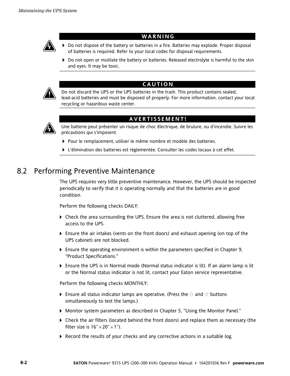 2 performing preventive maintenance | Eaton Electrical Powerware 9315 User Manual | Page 68 / 84