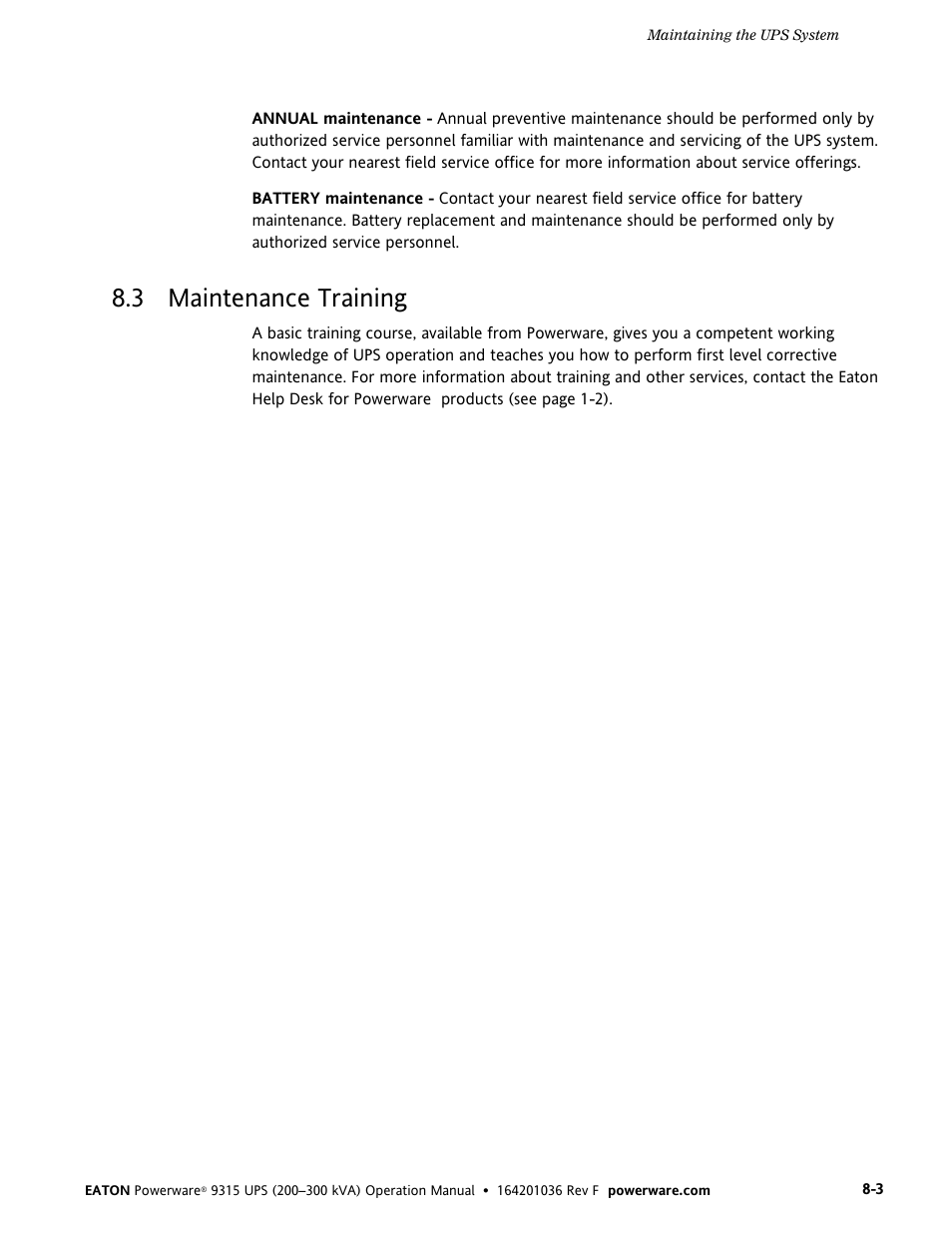 3 maintenance training | Eaton Electrical Powerware 9315 User Manual | Page 69 / 84