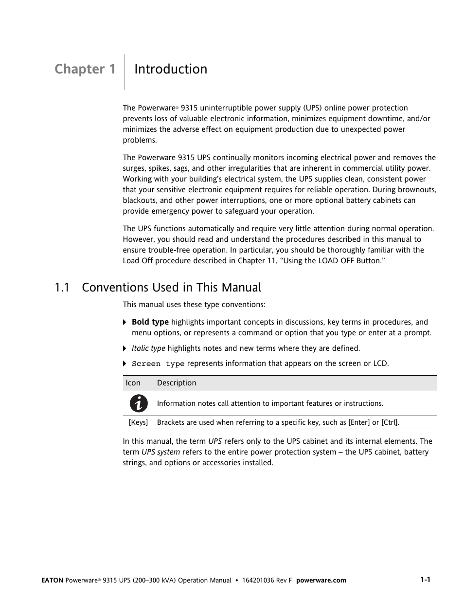 Chapter 1 introduction, 1 conventions used in this manual | Eaton Electrical Powerware 9315 User Manual | Page 7 / 84