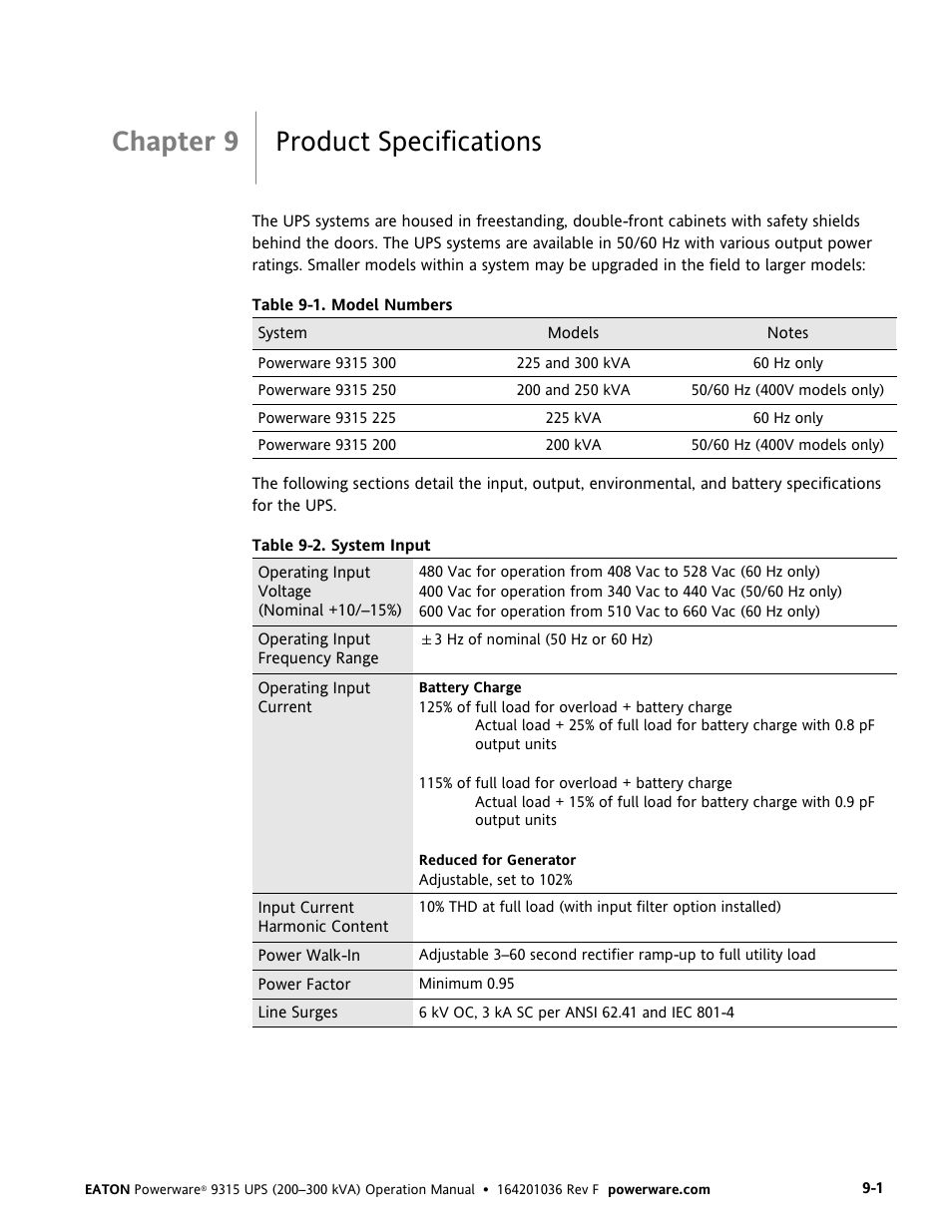 Chapter 9 product specifications | Eaton Electrical Powerware 9315 User Manual | Page 71 / 84