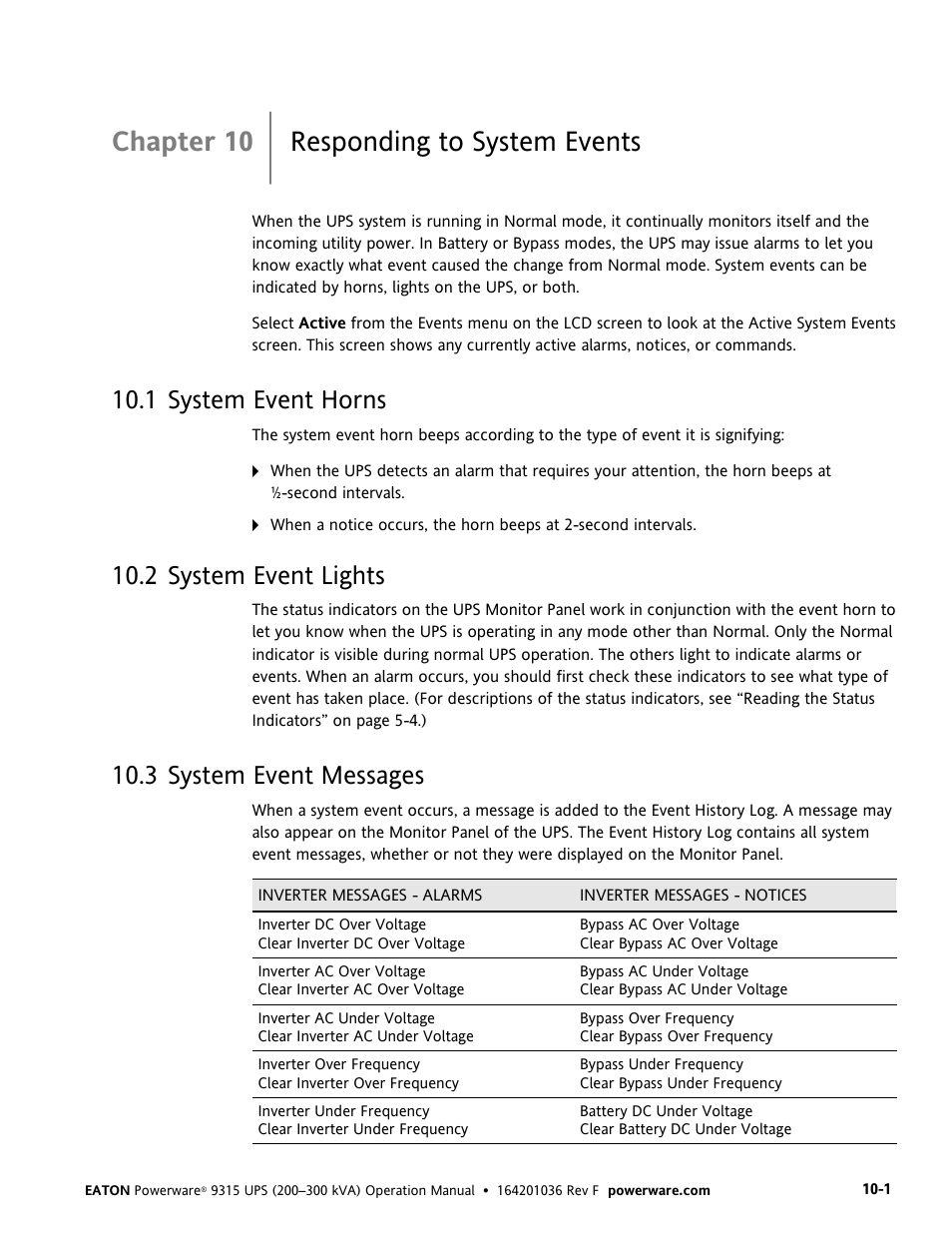 Chapter 10 responding to system events, 1 system event horns, 2 system event lights | 3 system event messages | Eaton Electrical Powerware 9315 User Manual | Page 75 / 84