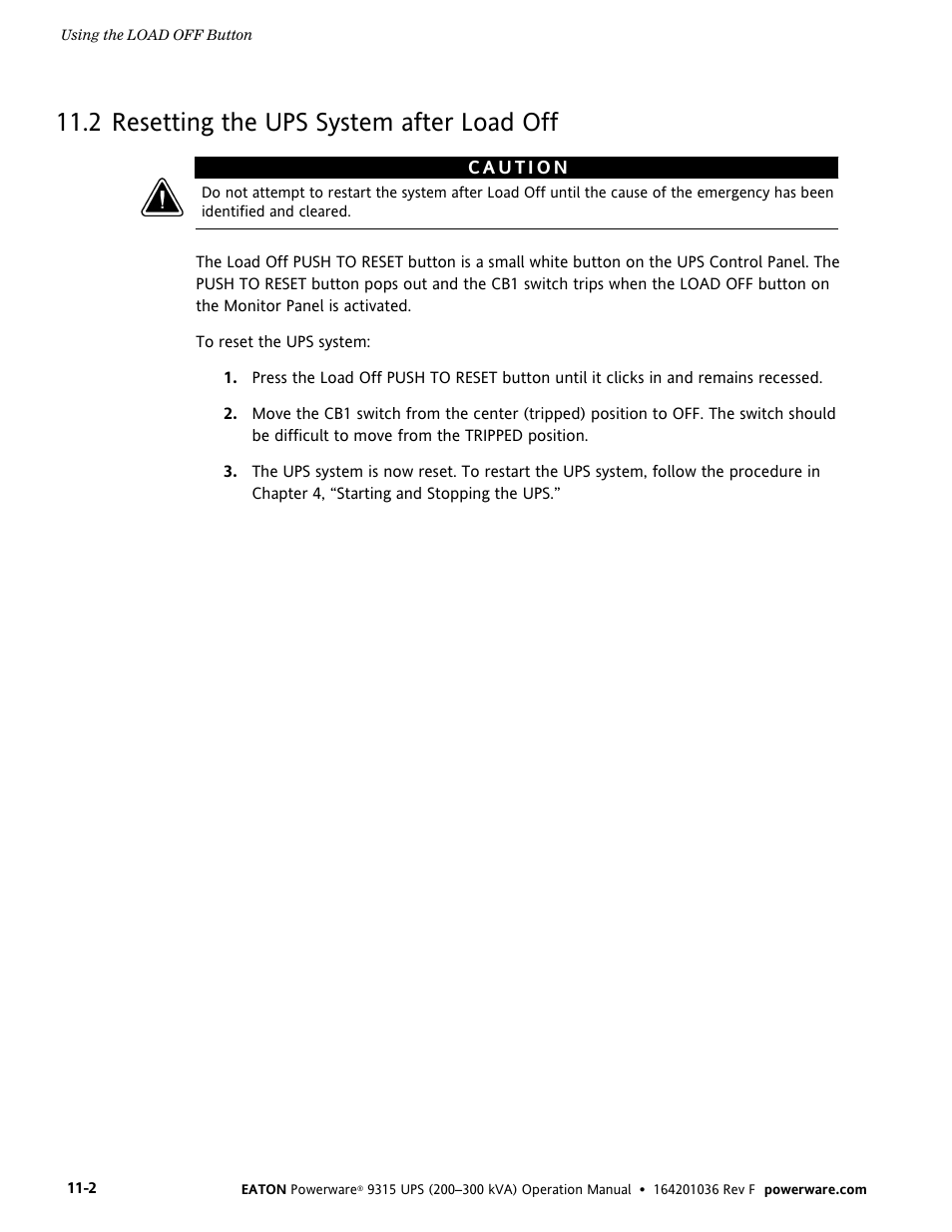 2 resetting the ups system after load off | Eaton Electrical Powerware 9315 User Manual | Page 80 / 84