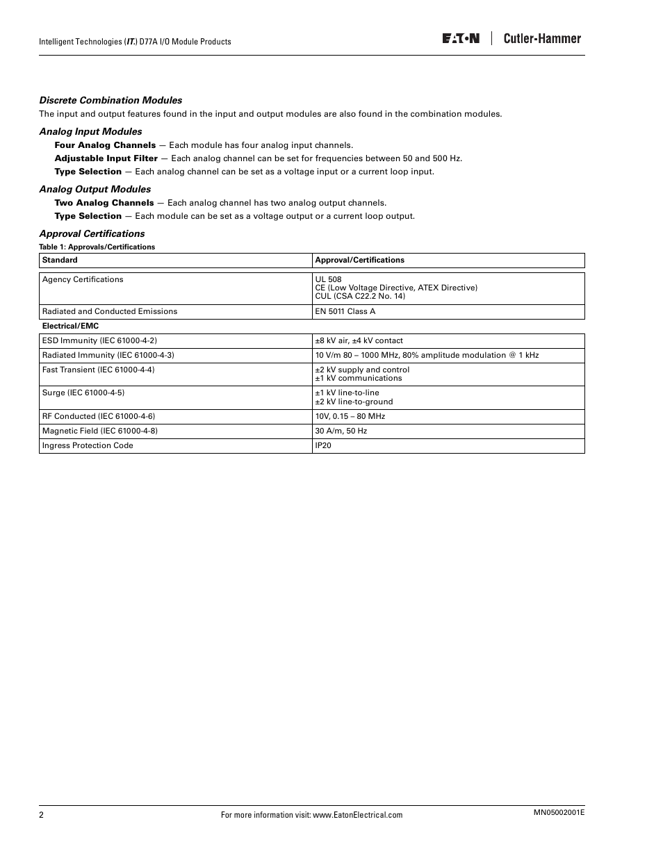 Discrete combination modules, Analog input modules, Analog output modules | Approval certifications, Table 1: approvals/certifications | Eaton Electrical D77A User Manual | Page 10 / 62