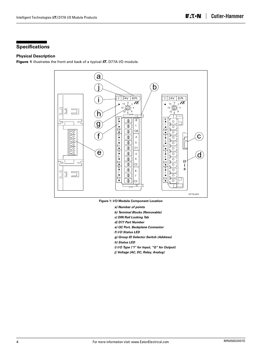 Specifications, Physical description, Figure 1: i/o module component location | Eaton Electrical D77A User Manual | Page 12 / 62