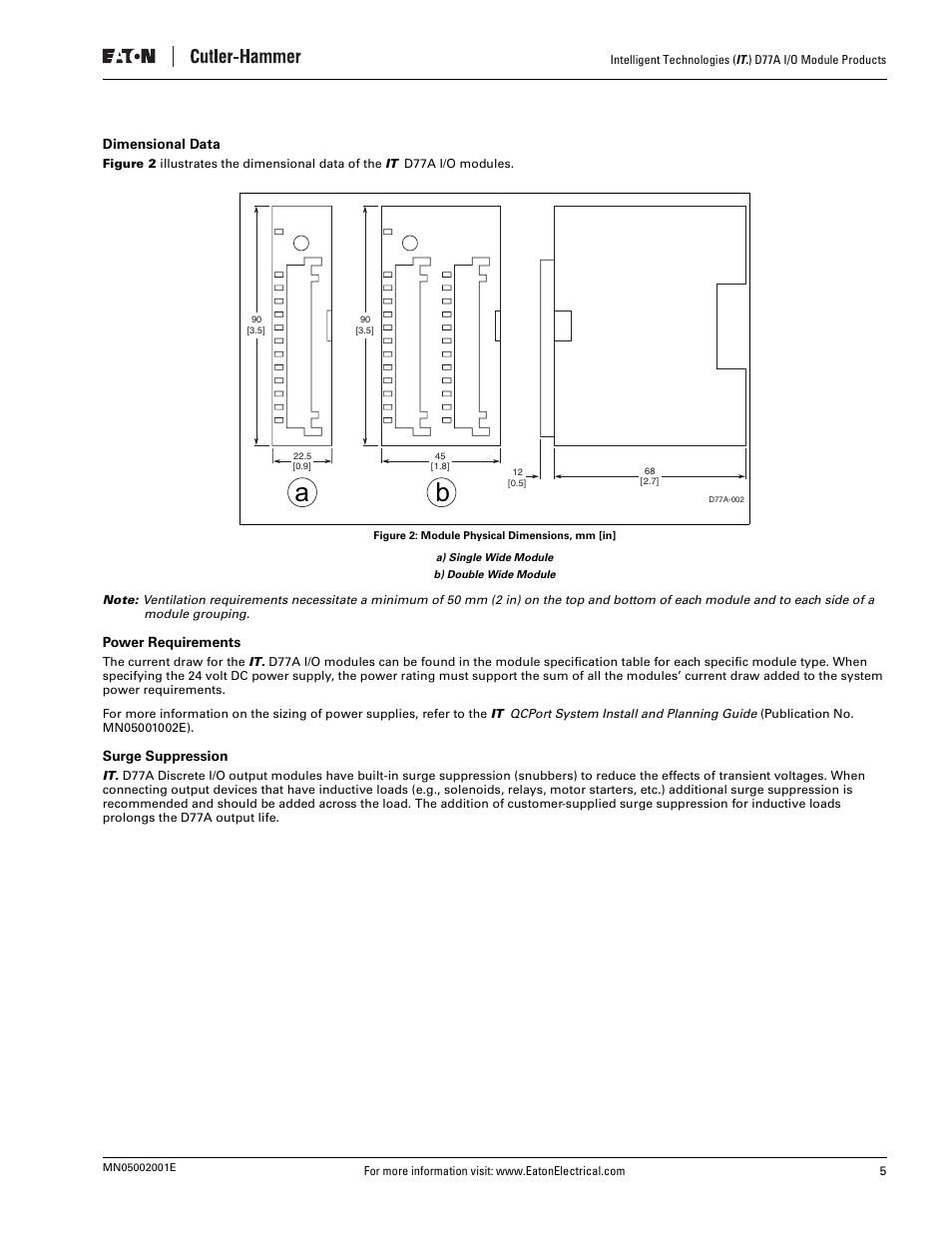 Dimensional data, Power requirements, Surge suppression | Figure 2: module physical dimensions, mm [in | Eaton Electrical D77A User Manual | Page 13 / 62