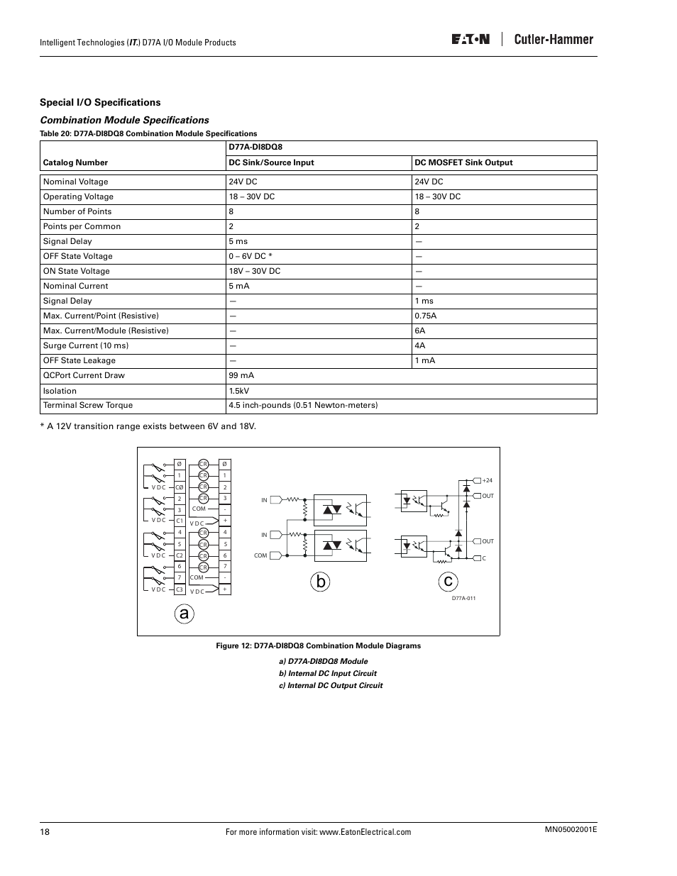 Special i/o specifications, Combination module specifications, Figure 12: d77a-di8dq8 combination module diagrams | Ab c | Eaton Electrical D77A User Manual | Page 26 / 62