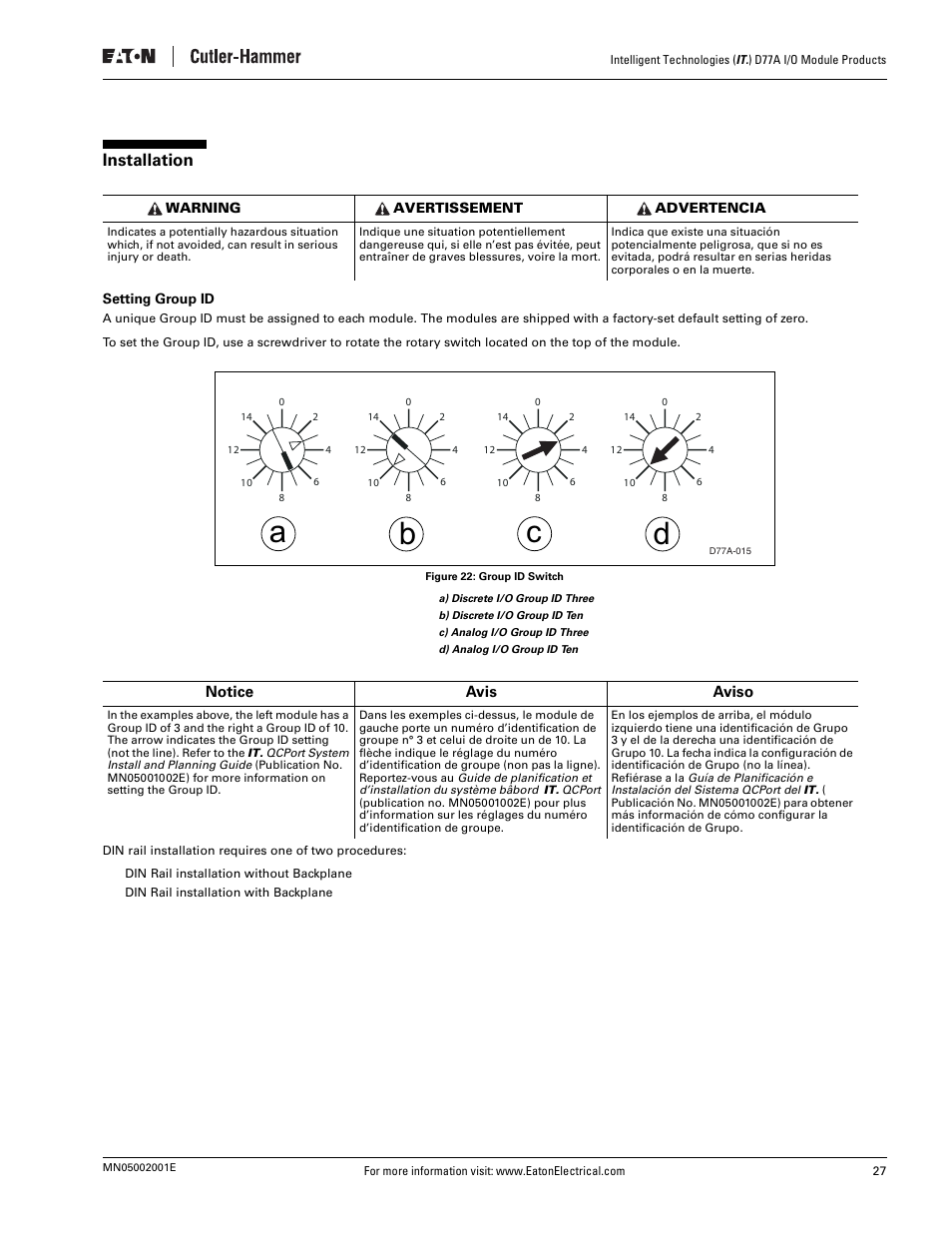 Installation, Setting group id, Figure 22: group id switch | Ab c d | Eaton Electrical D77A User Manual | Page 35 / 62