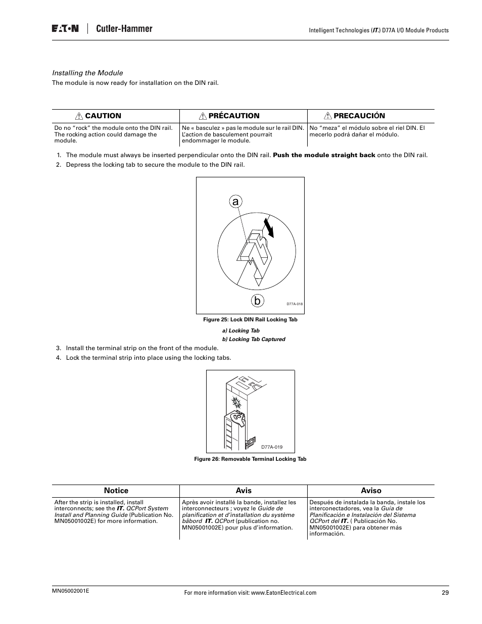 Notice avis aviso, Installing the module, Caution précaution precaución | Eaton Electrical D77A User Manual | Page 37 / 62