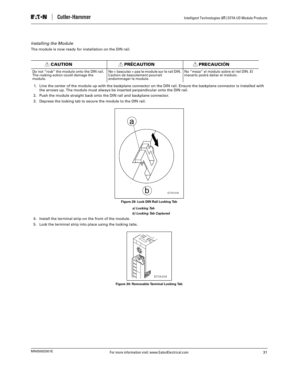 Installing the module, Caution précaution precaución | Eaton Electrical D77A User Manual | Page 39 / 62