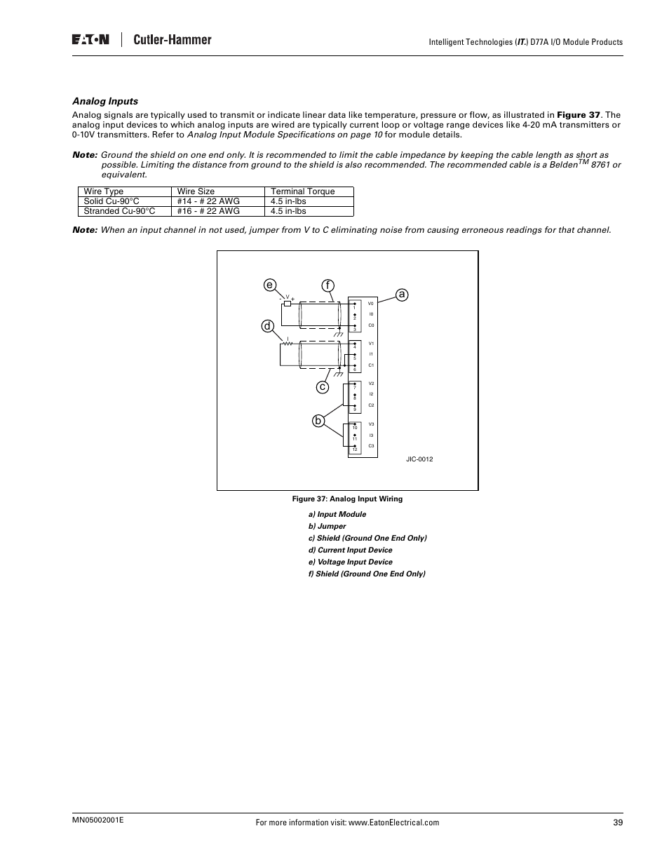 Analog inputs, Figure 37: analog input wiring | Eaton Electrical D77A User Manual | Page 47 / 62