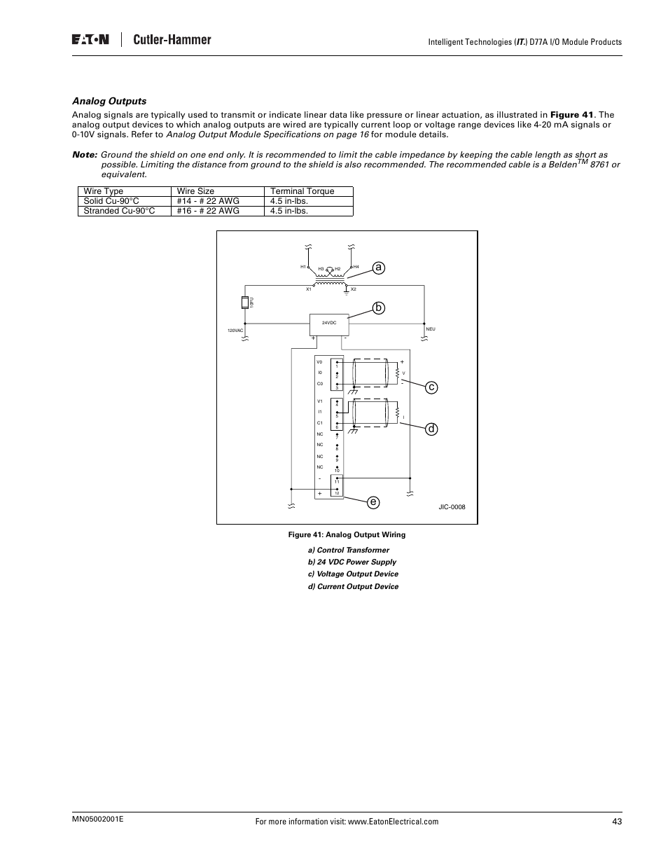 Analog outputs, Figure 41: analog output wiring, Ab c d e | Eaton Electrical D77A User Manual | Page 51 / 62