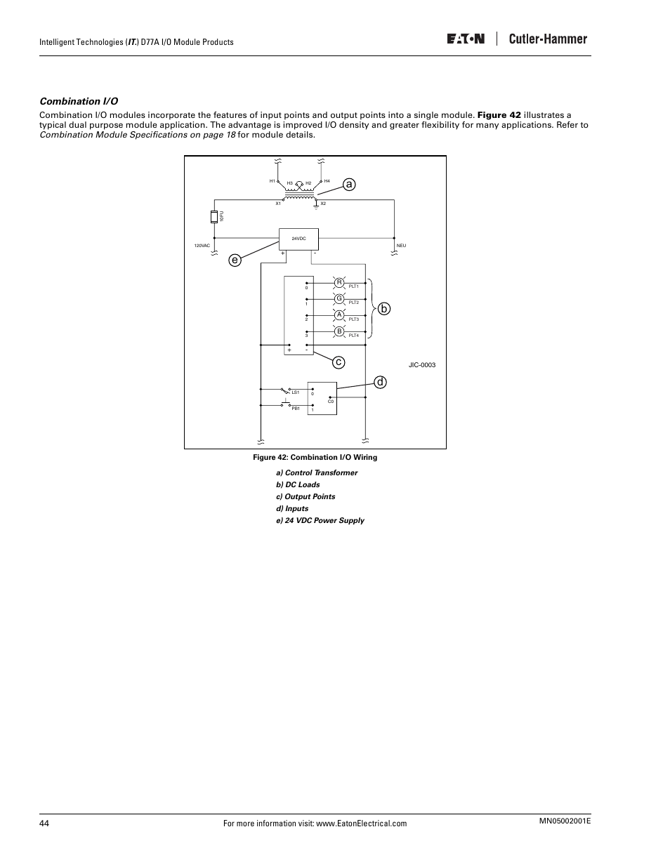 Combination i/o, Figure 42: combination i/o wiring, Ae c d b | Eaton Electrical D77A User Manual | Page 52 / 62