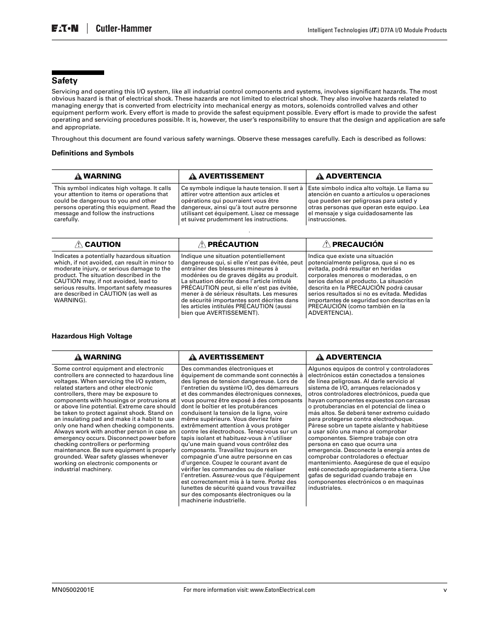 Safety, Definitions and symbols, Hazardous high voltage | Eaton Electrical D77A User Manual | Page 7 / 62