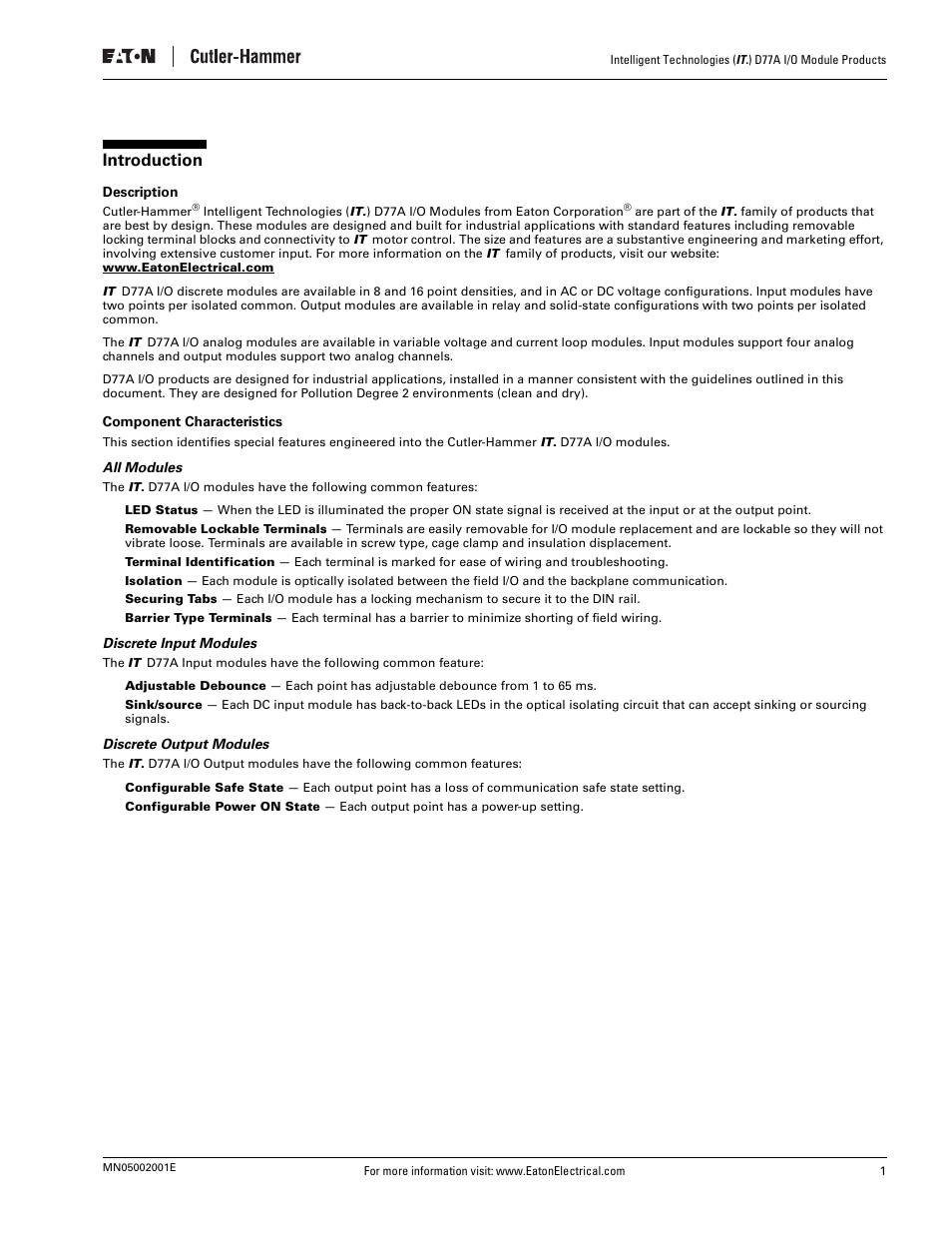 Introduction, Description, Component characteristics | All modules, Discrete input modules, Discrete output modules, Description component characteristics | Eaton Electrical D77A User Manual | Page 9 / 62