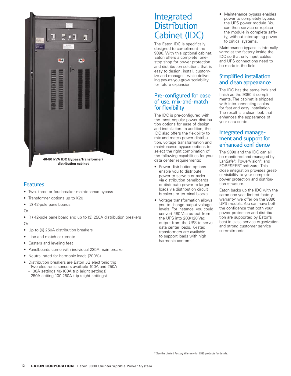 Integrated distribution cabinet (idc), Simplified installation and clean appearance, Features | Eaton Electrical 9390 User Manual | Page 12 / 20