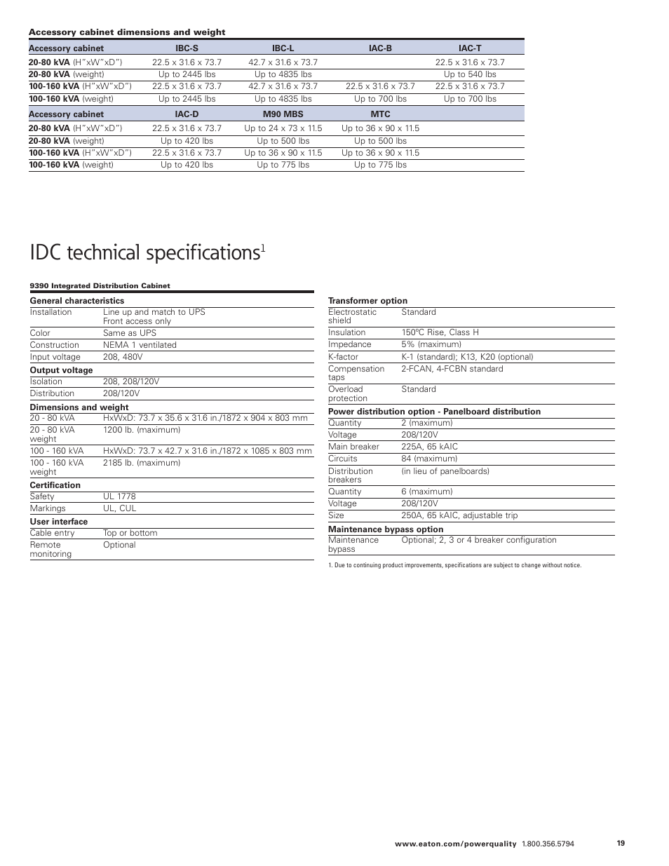 Idc technical specifications | Eaton Electrical 9390 User Manual | Page 19 / 20