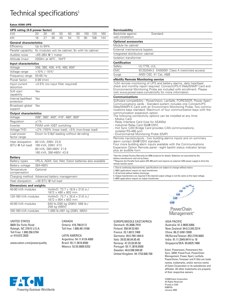 Technical specifications | Eaton Electrical 9390 User Manual | Page 20 / 20