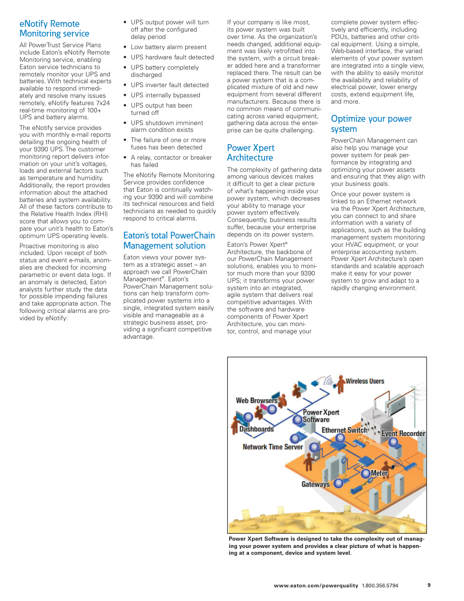 Enotify remote monitoring service, Eaton’s total powerchain management solution, Power xpert architecture | Optimize your power system | Eaton Electrical 9390 User Manual | Page 9 / 20