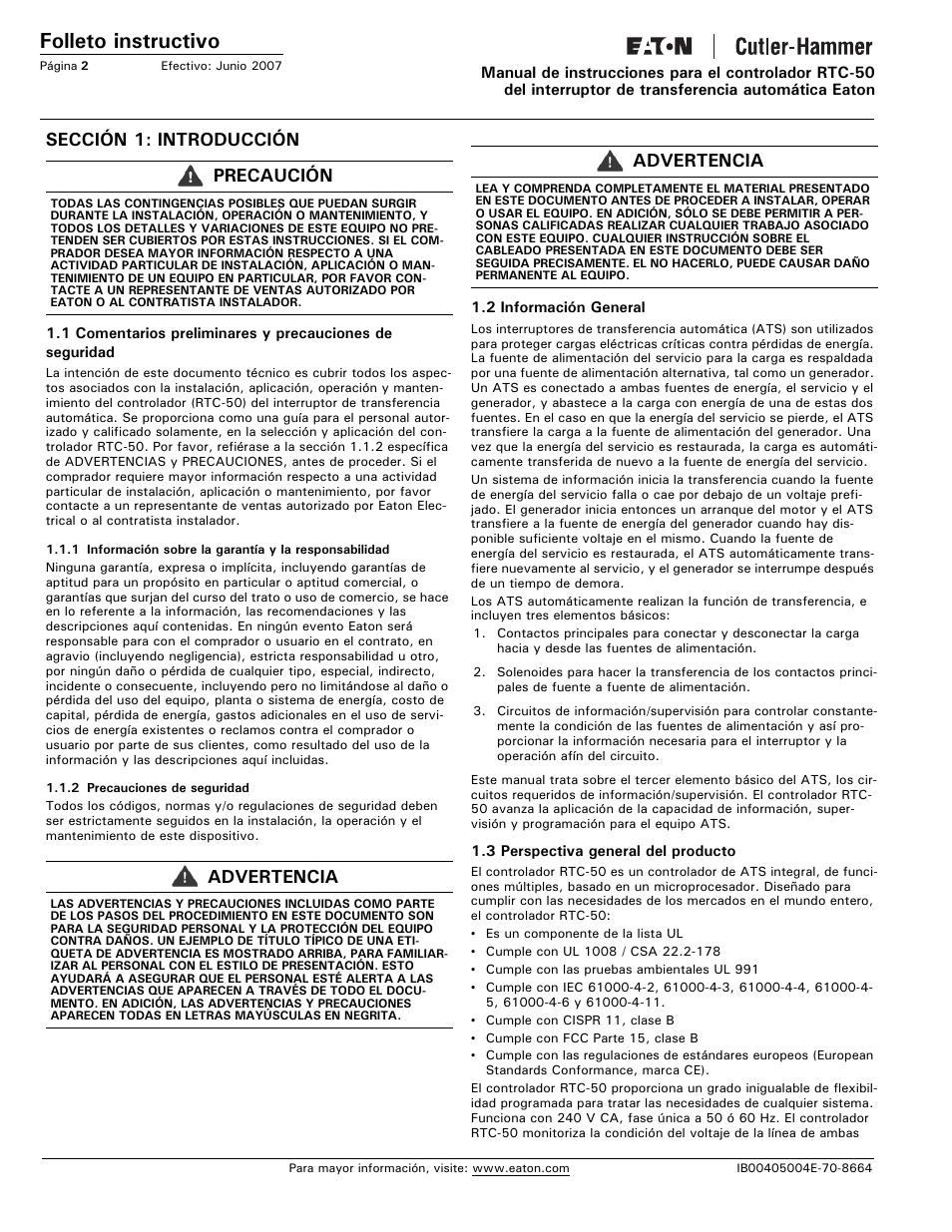 Sección 1: introducción, Folleto instructivo, Precaución | Advertencia | Eaton Electrical RTC-50 User Manual | Page 14 / 36