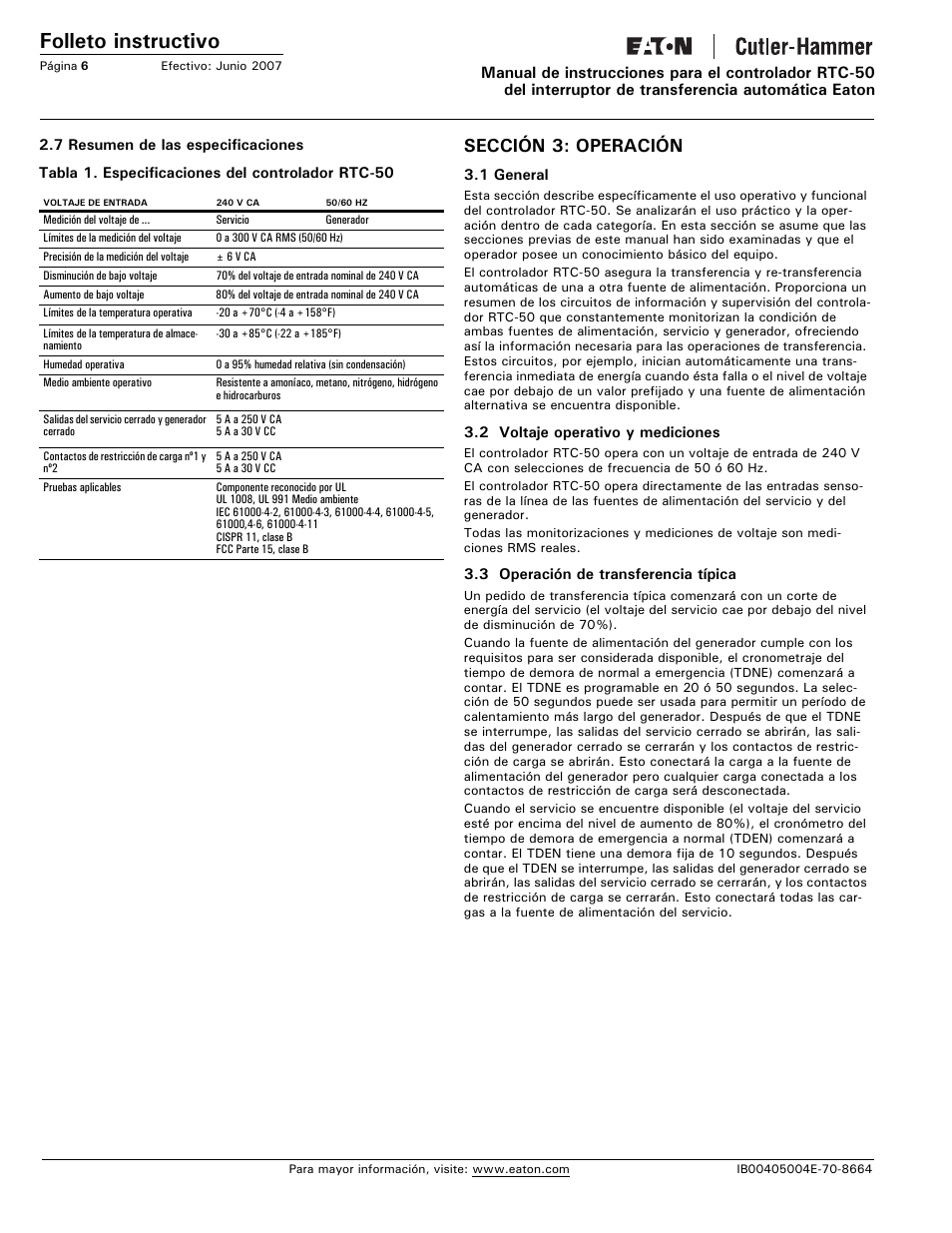 Sección 3: operación, Folleto instructivo | Eaton Electrical RTC-50 User Manual | Page 18 / 36